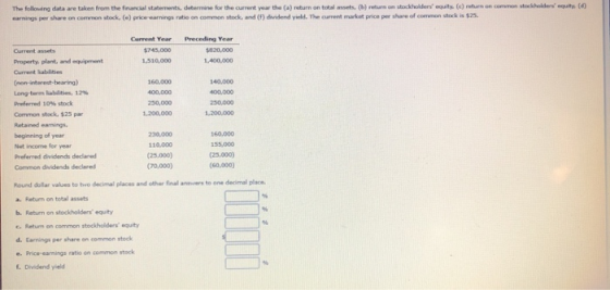 The following data are taken from the financial statements, determine for the current year the (a) return on total assets. (b