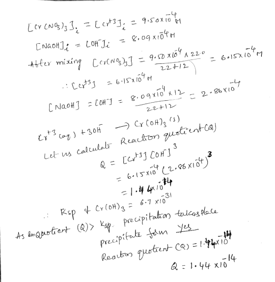 [cv (NO3)3]. =[crt3], = 9.5000 m [NaOH) i = COM Ji = 8.09x1õtm A 220 6.15x10M After mixing [ er (NO3)3] =9050 22 +12 .: Certy