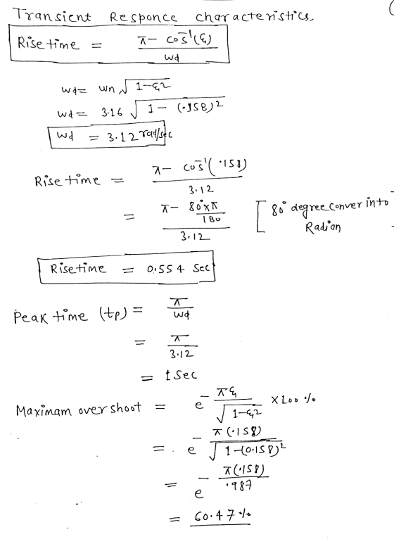 Transient Rise time = Responce characteristics, a cošlla) wd Waz wd- un 51-62 1- (-1582 = 3.12 realistic 3.16 Wd 7- cos (250)