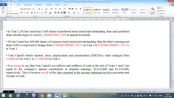 In Year 2 Microsoft Word (Product Activation Failed) File Home nert Page Layout Reterences Mallings Review ew Ties New Rom. 14 . Aa Aa, ·-·-···· 涅涅21 T AaBbCel AaBbCc1 AaBbC. AaBbCc AaB AaBbCc. daBbCel . A : B 1 y-ex: x a-2-Δ· 仨、上,田. Normal n No Spaci Heading 1 Heading 2 Title Subtitle Subtle En.. , Cut Find- Copy Replace Paste Change Select Format Painter Clipboard Font Paragraph Styles Editing 12 13 In Year 2, if Cute Camel has 5,000 shares ofpreferred stock issued and outstanding, then each preferred share should expect to receive 10000O/5000 $20 n annual dividends If Cute Camel has 400,000 shares of common stock issued and outstanding, then the firms earnings per share (EPS) is expected to change from 4760000/400000 $11.9 in Year 1 to 5765000/400000 S14.41 in Year 2 Cute Camels before interest, taxes, depreciation and amortization (EBITDA) value changed fronm 10,000,000 in Year 1 to 12,500,000 in Year 2 It is wrong to say that Cute Camels net inflows and outflows of cash at the end of Years 1 and 2 are equal to the companys annual contribution to retained earnings, $2,816,000 and S3,419,000, respectively. This is because not all of the item reported in the income statement involve payments and receipts of cash Pa s: 710 | English (india 06:19 31-01-2019