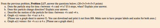 From the previous problem, Problem 2.17, answer the questions below; (20-3+3+4+5+5 points) a. Does the particle stop for time t between -4 s and +4 s? If it stops, when? Explain your answer. b. Does this particle change direction? Explain your answer. c. Describe the motion of the particle for time t between -4 s and +4 s. d. Graph v(i) versus t for -4 ssts4 s. Please use a graph sheet to answer f). You can download and print it out from BB. Make sure to have proper labels and scales for both axes.] e. Graph a(t) versus t for -4 s s t s 4 s. [Please use a graph sheet.]