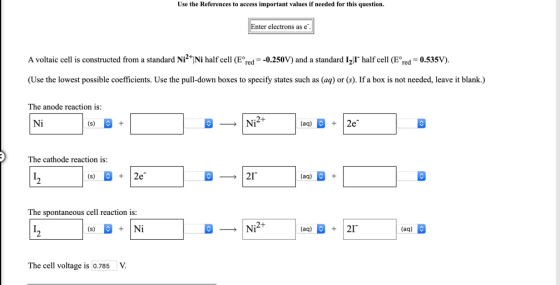 Use the References to access important values if needed for this question. Enter electrons as e A voltaic cell is constructed