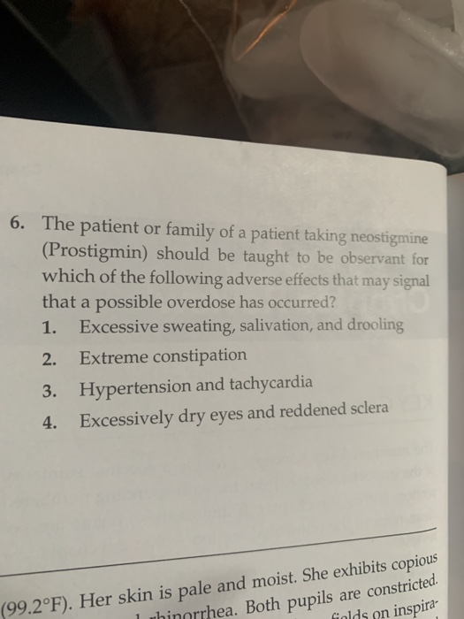 6. The patient or family of a patient taking neostigmine (Prostigmin) should be taught to be observant for which of the follo