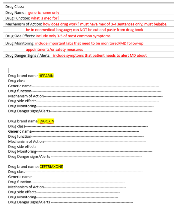 Drug Class: Drug Name: generic name only Drug Function: what is med for? Mechanism of Action: how does drug work? must have m