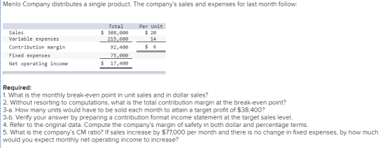 Menlo Company distributes a single product. The companys sales and expenses for last month follow: Per Unit Total Sales Vari
