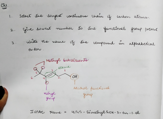 Q 1. select the longest continuous chain of carbon atoms. give lowest number to the functional group present. 2. write the na