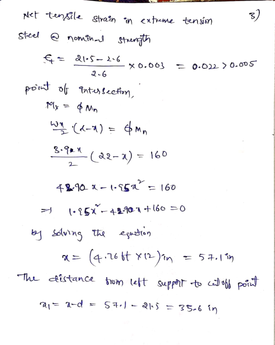 Net tensile Strain mcxtrume tensim steel nomin Stnh 2 6 powt of Tntuechin Mn -)M 3.9 a2-)=160 2- 4290 x 5a= 160 1 + 160 =0 85