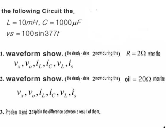 the following Circuit the. L = 10mH . C = 1000μF vs = 100sin 377t 1. waveform show. (the steady state 2now during the R 22 wh