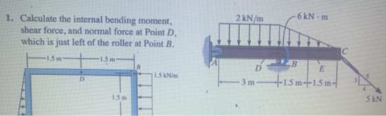 2 kN/m -6kNm 1. Calculate the internal bending moment, shear force, and normal force at Point D. which is just left of the ro