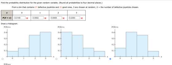 Find the probability distribution for the given random variable. (Round all probabilities to four decimal places.) From a bin
