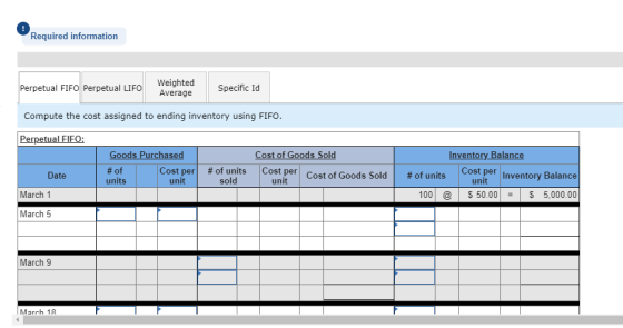 Required information Perpetual FIFO Perpetual LIFO Weighted Average Specific Id Compute the cost assigned to ending inventory