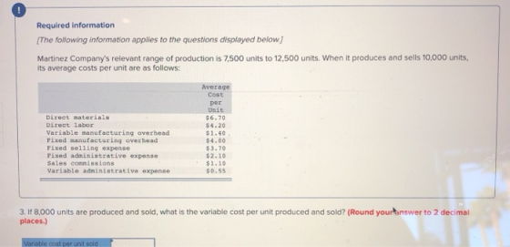 Required information The following information applies to the questions displayed below.) Martinez Companys relevant range o
