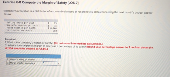 Exercise 6-8 Compute the Margin of Safety (LO6-7) Molander Corporation is a distributor of a sun umbrella used at resort hote