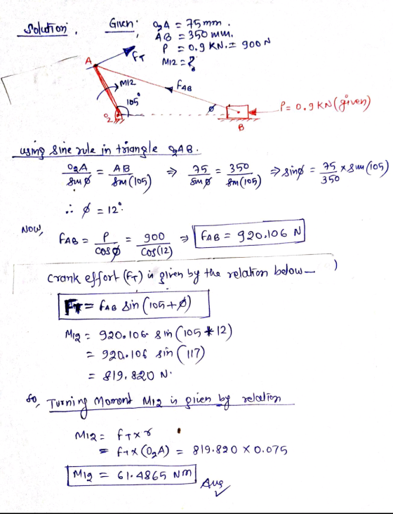 solution Given OgA = 75mm AB = 350 mm. Ara p=0.9 KN, I 900N M1273 MI2 FAB 0 105 D_P= 0,9 kW (given) B О.А. AB 75: 350 - 75 x
