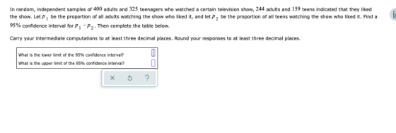 In random, independent samples of 400 adults and 325 teenagers who watched a certain television show, 244 adults and 159 teen
