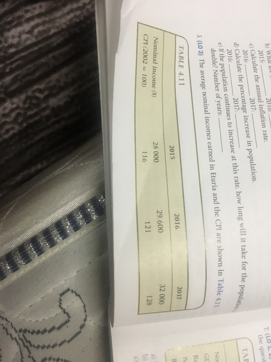 b) What all 2016! - 7. (LO 1, the quest 2015: c) Calculate the annual inflation rate. 2016: - - 2017: d) Calculate the percen
