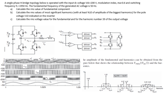 A single-phase H-bridge topology below is operated with the input dc voltage Vdc=200 V, modulation index, ma=0.6 and switchin