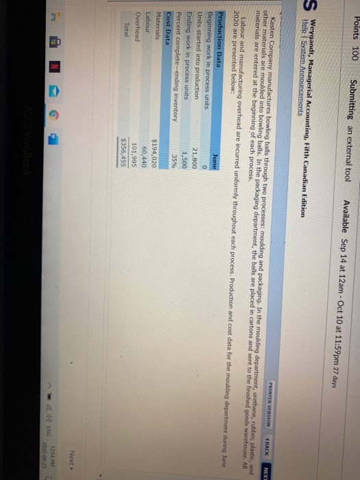 Points 100 Submitting an external tool Available Sep 14 at 12am - Oct 10 at 11:59pm 27 days S Weygandt, Managerial Accounting