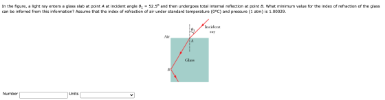 = In the figure, a light ray enters a glass slab at point A at incident angle 01 52.5° and then undergoes total internal refl