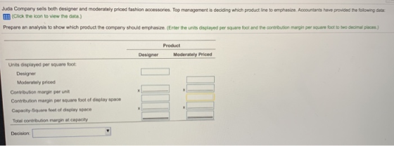 Juda Company sells both designer and moderately priced fashion accessories. Top management is deciding which product line to