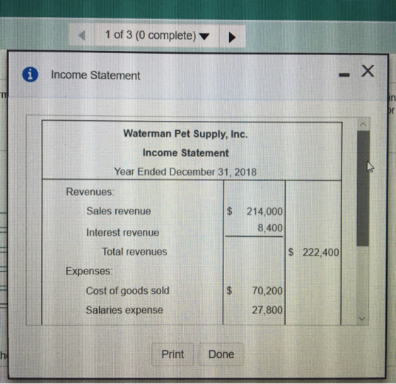 1 of 3 (0 complete) 0 Income Statement Waterman Pet Supply, Inc. Income Statement Year Ended December 31, 2018 Revenues Sales