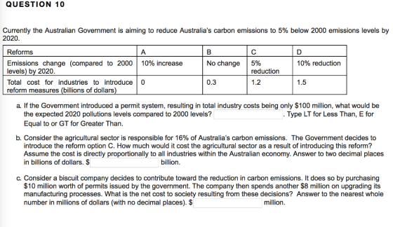 QUESTION 10 Currently the Australian Government is aiming to reduce Australias carbon emissions to 5% below 2000 emissions levels by 2020 Reforms Emissions change (compared to 2000 | 10% increase levels) by 2020 Total cost forindustries to introduce 0 reform measures (billions of dollars No change 15% 10% reduction reduction 0.3 a. If the Government introduced a permit system, resulting in total industry costs being only $100 million, what would be the expected 2020 pollutions levels compared to 2000 levels? Equal to or GT for Greater Than Type LT for Less Than, E for b. Consider the agricultural sector is responsible for 16% of Australias carbon emissions. The Government decides to introduce the reform option C. How much would it cost the agricultural sector as a result of introducing this reform? Assume the cost is directly proportionally to all industries within the Australian economy. Answer to two decimal places in billions of dollars. $ billion C. Consider a biscuit company decides to contribute toward the reduction in carbon emissions. It does so by purchasing $10 million worth of permits issued by the government. The company then spends another $8 million on upgrading its manufacturing processes. What is the net cost to society resulting from these decisions? Answer to the nearest whole number in millions of dollars (with no decimal places). $ million
