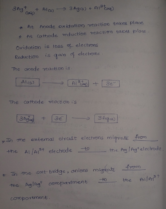 3 Agt + Alcs) 3 Agcs) + A13+ (aq) cop At Anode oxidation reaction takes place At cathode reduction reaction takes place. Oxid