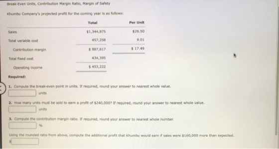 Break-Even Units, Contribution Margin Ratio, Margin of Safety Khumbu Companys projected profit for the coming year is as fol