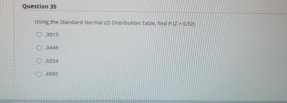 Question 35 Using the Standard Normal (Z) Distribution Table, find P (Z> 0.52) O .3015 O .3446 .6554 O .6985