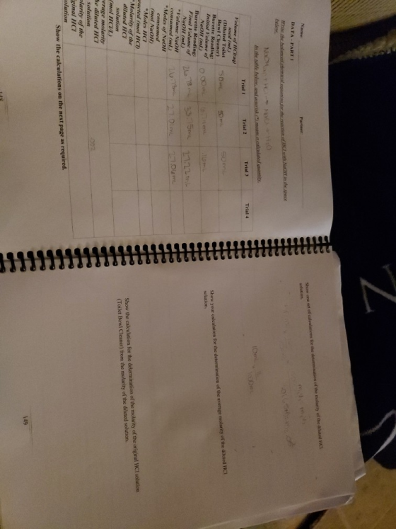 Show one set of calculations for the determination of the molarity of the diluted HC Partner Name DATA-PARTI in the puce me t