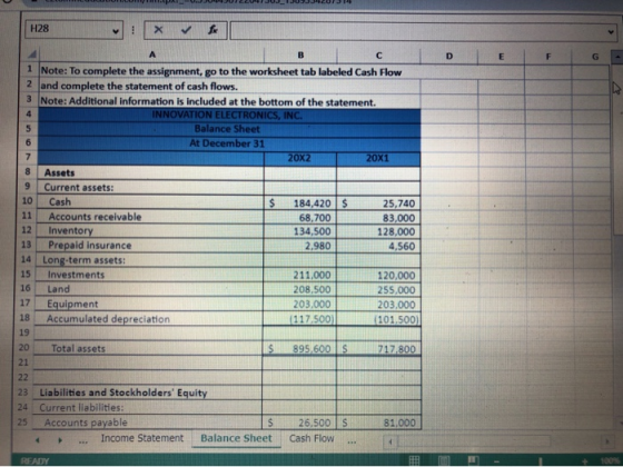 H28 1 Note: To complete the assignment, go to the worksheet tab labeled Cash Flow 2 and complete the statement of cash flows.