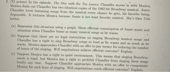 2. (15 points) In the episode, The One with the Tea Leaves, Chandler moves in with Monica, Monica finds out Chandler has two