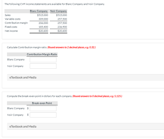 The following CVP income statements are available for Blanc Company and Noir Company. Sales Variable costs Contribution margi