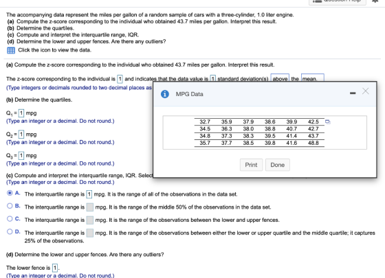 The accompanying data represent the miles per gallon of a random sample of cars with a three-cylinder, 1.0 liter engine. (a)