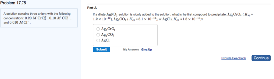 Problem 17.75 A solution contains three anions wit