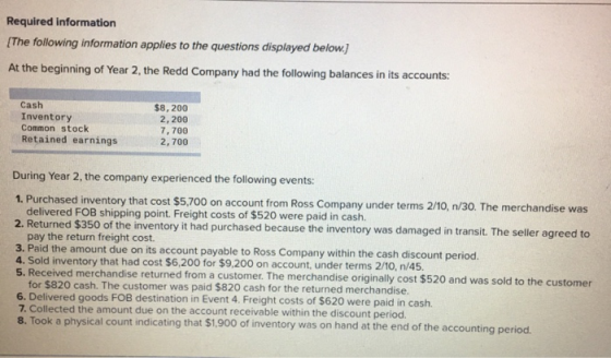 Required information {The following information applies to the questions displayed below. At the beginning of Year 2, the Red