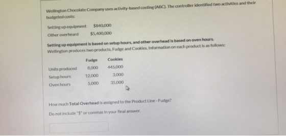Wellington Chocolate Company uses activity-based costing (ABC). The controller identified two activities and their budgeted c