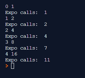 0 1 Expo calls: 1 1 2 Expo calls: 2 24 Expo calls: 4 38 Expo calls: 7 4 16 Expo calls: 11