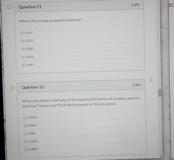 Question 21 1 pts Da What is the average proportion defective? O 0.167 O 0.333 O 0.200 O 0.133 O 0.667 1 pts Question 22 What