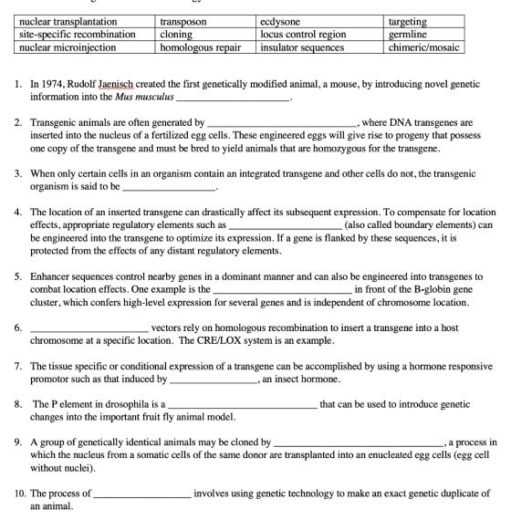 nuclear transplantation site-specific recombination nuclear microinjection transposon cloning homologous repair ecdysone locu