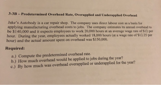3-3B - Predetermined Overhead Rate, Overapplied and Underapplied Overhead Jakes Autobody is a car repair shop. The company u