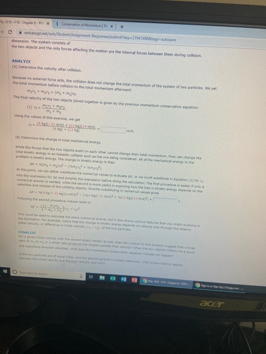 + Conservation of Momentum Ph X Phy 1010-F19-Chapter 6-PH X webassignunet/web/Student/Assignment-Responses/submthdep 21947488