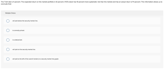 The T-bill rate is 4 percent. The expected return on the market portfolio s conclude that 2 percent. ΧΥΖs stock has O percent more systematic risk than the market and has an actua retur of percent TI is n ormat allow us Multiple Choice will plot below the security market line. is correctly priced. will plot on the security market line. will plot to the left of the overall market on a security market line graph.