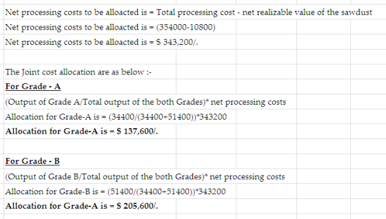 Net processing costs to be alloacted is = Total processing cost - net realizable value of the sawdust Net processing costs to