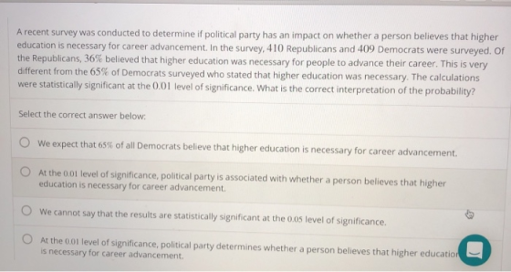A recent survey was conducted to determine if political party has an impact on whether a person believes that higher educatio