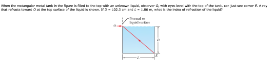 When the rectangular metal tank in the figure is filled to the top with an unknown liquid, observer O, with eyes level with t
