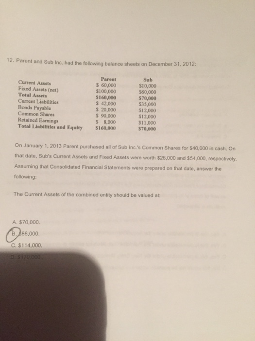 12. Parent and Sub Inc, had the following balance sheets on December 31, 2012: Current Assets Fixed Assets (net) Total Assets