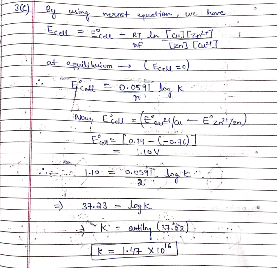3. by By using using Ecell = nernst equation, we Ecole - RT In [cu] [zn2t] nf [znj. [cu2] at equilibrium → C Ecell 0) fell