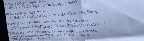 5) The reation type for- Alls) + AuCl₂ lag) - Alcz lag) + Auls) 4) The reaction ture for - Lusou Lag) + 2 Na DH Lag) iLOH)2 (