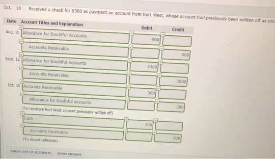 Oct. 10 Received a check for $300 as payment on account from Kurt West, whose account had previously been written off as und
